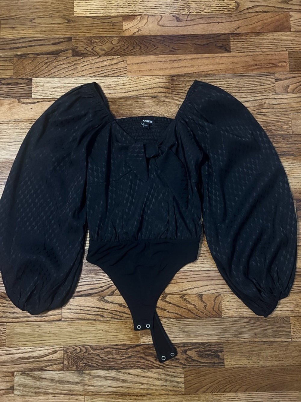 Express Black Puff-Sleeve Bodysuit with Tie Front